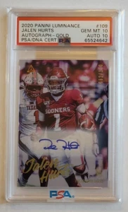 2020 JALEN HURTS ROOKIE AUTO PSA 10-10. PERFECT CARD! DUAL GRADES! 62/100 POP 1 - Picture 1 of 7