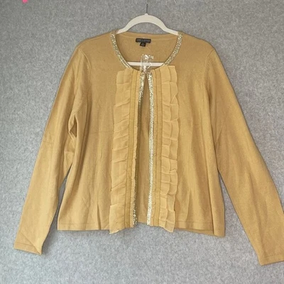 Cárdigan Pamela Dennis XL Bronceado Adornado Volantes Mezcla Lana Cachemira Suéter Foto 1 de 4