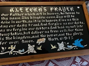 Antique Reverse Painted Glass & Foil Art The Lords Prayer Oak Framed - Picture 1 of 6
