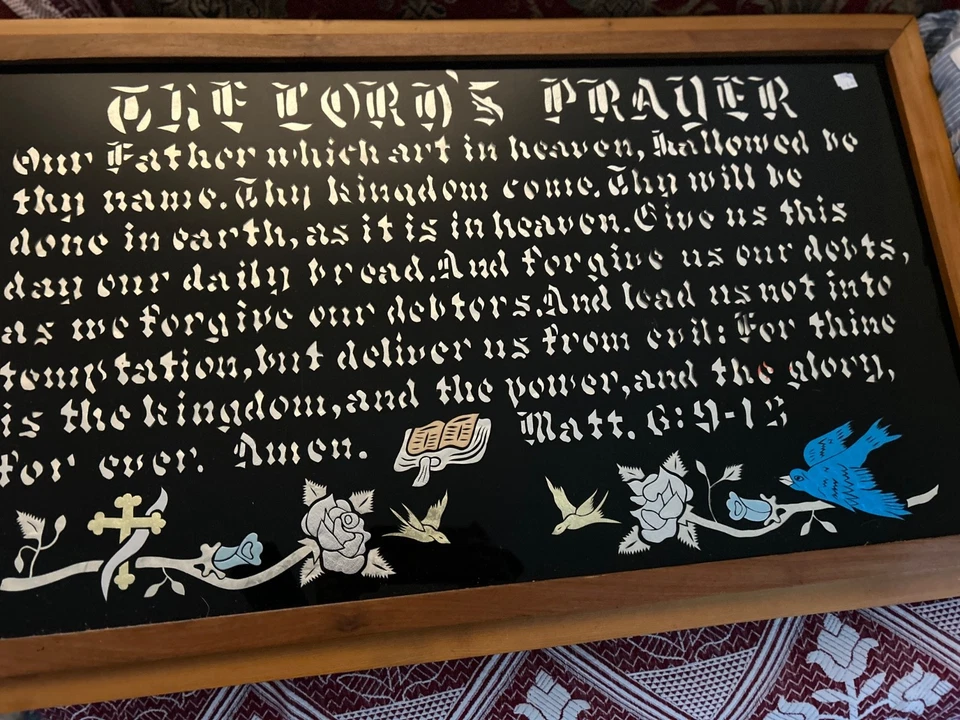 Antique Reverse Painted Glass & Foil Art The Lords Prayer Oak Framed - Image 1 of 4