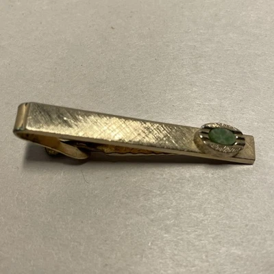 复古但丁领带夹条男式金色纹理绿色宝石椭圆形凸圆形 — 第 1/4 张图片