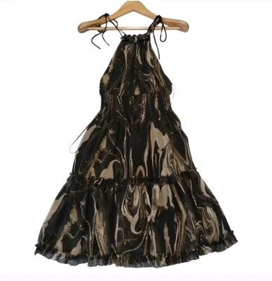 Banana Republic Halter Ruffle Cutaway Marble Smock Waist Mini Dress Art To Wear - Image 1 of 4