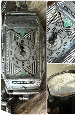 Reloj Benrus Esmalte Esmalte Esfera Cloisonné Art Deco Años 30 ~ Banda Enlazada Art Deco Foto 1 de 4