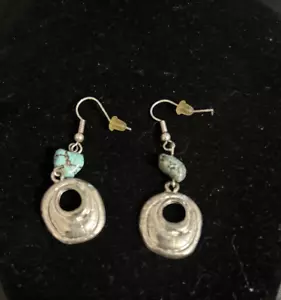 Silver Plated Simulated Turquoise Nuggets Round Drop Dangle Earrings 2 in Long - Picture 1 of 4