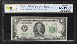 FR. 2152a-A 1934 $100 FRN BOSTON, MA PCGS BANKNOTE GEM UNCIRCULATED-65PPQ - Picture 1 of 2