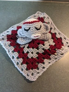Crocheted Sock Monkey Lovey Burgandy White Hand Stitched Eyes 10X10 - Picture 1 of 3