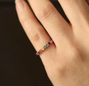 Rainbow Gemstone Wedding Eternity Band Ring 14k Solid Yellow Gold FIne Jewelry - Picture 1 of 4