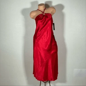 NWT bebe XS Red Satin Halter Sexy & Classy Keyhole Gold Hardware Maxi Slip Dress - Picture 1 of 16