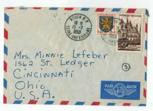 A-1532 ** FRANCE 1953 AIRMAIL  COVER RAIL POST (RP)  DTS TO CINCINNATI, OH - Picture 1 of 2