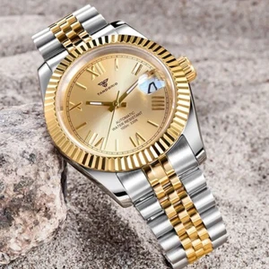 Reloj automático para hombre 39 mm Tandorio esfera dorada cristal zafiro fecha dos tonos NH35 - Imagen 1 de 5