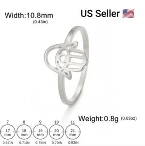 New Hamsa Hand Evil Eye Ring Stainless Steel Amulet Hand of Fatima Finger Rings - Foto 1 di 5