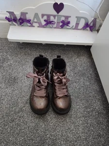 Size 10 Next Rose Pink Shimmery Rainbow Ribbon Lace Fleece Lined Boots - Picture 1 of 8