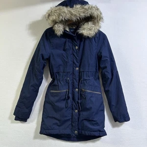 Aeropostale Womens Small Long Coat Blue Faux Fur Lined Hood Jacket Zip Snap - Picture 1 of 10