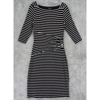White House Black Market Dress Small Striped Sheath Stretch Knit Bodycon Black - Image 1 of 4