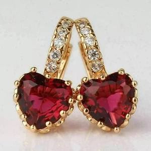 2.00 Ct Heart Cut Lab-Created Ruby Huggie Hoop Earrings 14K Yellow Gold Plated - Picture 1 of 4