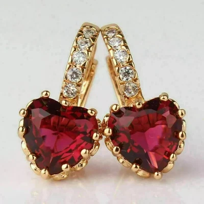 2.00 Ct Heart Cut Lab-Created Ruby Huggie Hoop Earrings 14K Yellow Gold Plated - Image 1 of 4