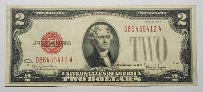 Nicer fairly crisp 1928 G Red Seal $2.00 note w/serial# D86455412A - Image 1 of 2