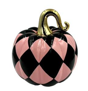 Karierter Kürbis rosa schwarze Diamanten goldener Stiel elegante Halloween Deko - Bild 1 von 5