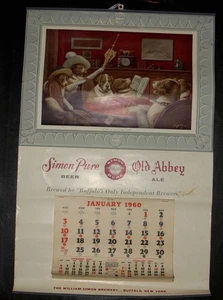 1960 SIMON PURE OLD ABBEY ALE POSTER KALENDER HUNDE SPIELKARTEN - Bild 1 von 3
