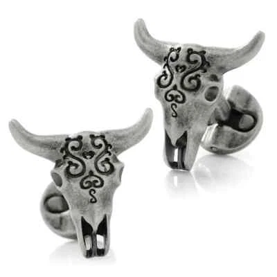 Antique Stainless Steel Carved Cow's Skull Cufflinks - Image 1 of 4