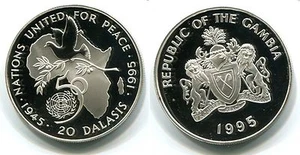 1995 Gambia Large Silver Proof 10 Dalasis 50 years United Nations Dove/Olive br. - Picture 1 of 1