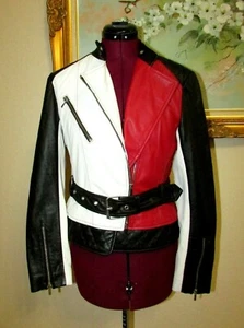 FRENCH CONNECTION EVIA SZ 4 RED/WHITE/BLK BUTTER SOFT LEATHER BELTED MOTO JACKET - Picture 1 of 12