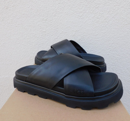 SANDALI SLIDE UGG NERI IN PELLE CAPITELLE CROSSBAND DONNA US 6 5 EUR 37 5 ~NUOVI