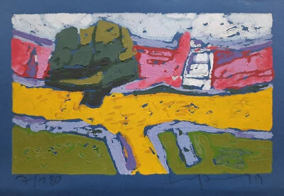 Klaus Fussmann, sehr farbenprächtiger Linolschnitt Raps vor rotem Haus selten - Bild 1 von 2