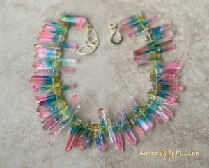 Aimee Fuller Crystal Rock Point Icy Statement Necklace Pink Green Blue Jewelry - Picture 1 of 24