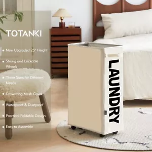 25" Rolling Slim Laundry Basket on Wheels Foldable Hamper with Handle for Storag - Picture 1 of 8