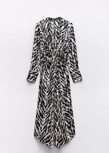 ZARA ECRU BLACK ANIMAL PRINT KNOTTED SATIN ASYMMETRIC HEM MIDI DRESS SIZE M. - Picture 1 of 5