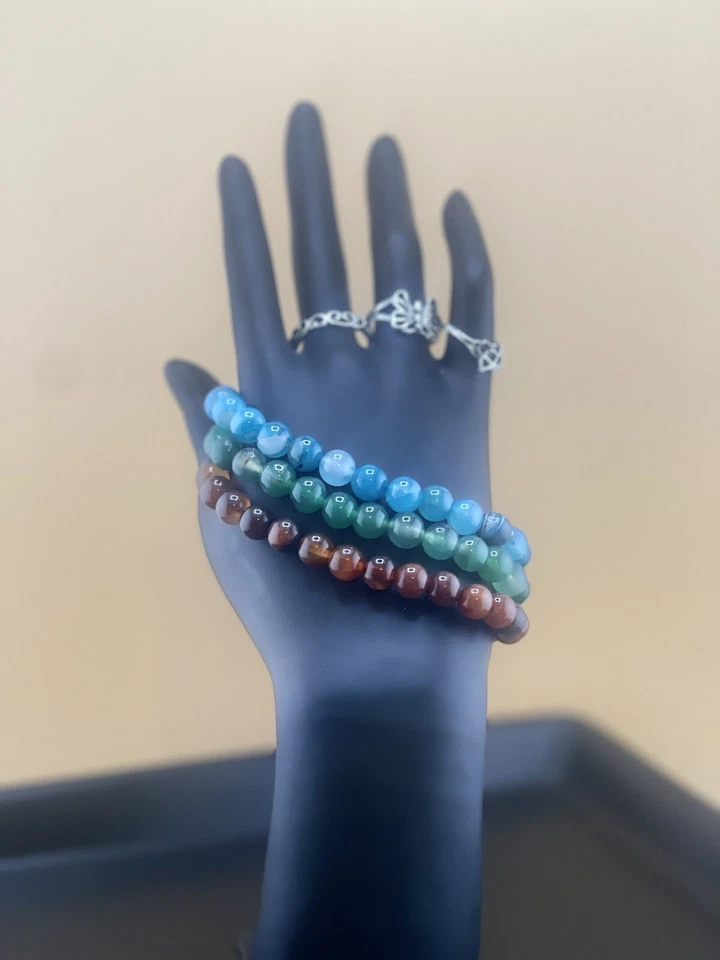 Set Of 3 Agate Crystal Stone Bracelets And 3 Stainless Metal Rings Sizes 6-7 - Image 1 of 4