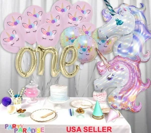 "ONE" FIRST BIRTHDAY ANNIVERSARY UNICORN FOIL LATEX BALLOONS PINK PURPLE 1st - Picture 1 of 12