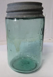 APPLE GREEN MASON'S PATENT NOV 30TH 1858 PINT FRUIT JAR WITH ZINC LID - Picture 1 of 12