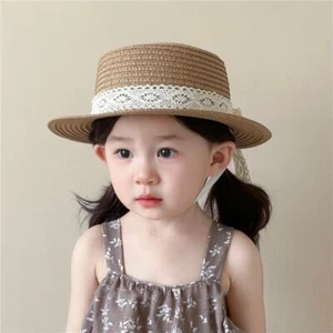 Cute Bow Streamer Girls Straw Hat Spring Summer Breathable Sunshade Kids Sun Hat - Picture 1 of 9
