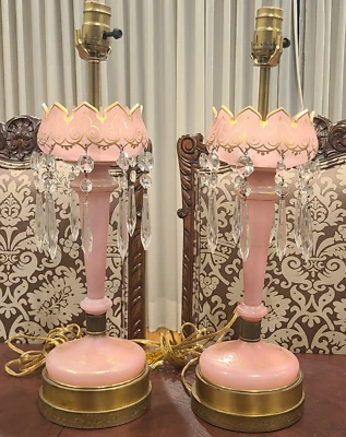 Victorian Era Set of 2 Bohemian Pink Glass Mantle Luster Lamps Prisms 15" Tall - Image 1 of 4