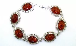 Quality Faux 14x10 Oval Amber 7 1/2 Inch Sterling Silver Bracelet LPF61 - Picture 1 of 3