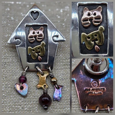 Prendedor vintage de plata esterlina 925 de gran alcance para casa de perro gato hueso colgante pez Foto 1 de 4