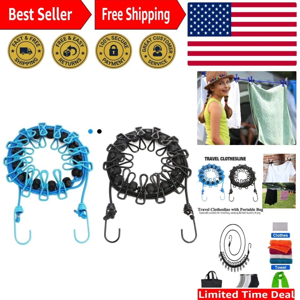 2 Pack Portable Clothesline With 12 Clothespins Windproof Travel Stretchy Line