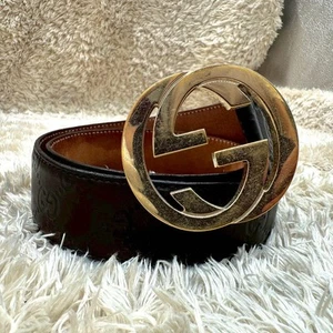 Gucci Interlocking G Belt 114876 80/32 Brown Gold Shima Leather Authentic - Imagen 1 de 24