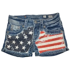 MISS ME Girls Jean Shorts Patriotic Flag Stars Stripes Sequins Distressed Size 7 - Picture 1 of 13