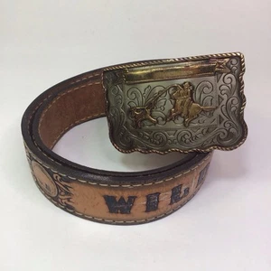 Vintage German Silver Rodeo Buckle WILD BILL Tooled Leather Belt Size 38 - Bild 1 von 13
