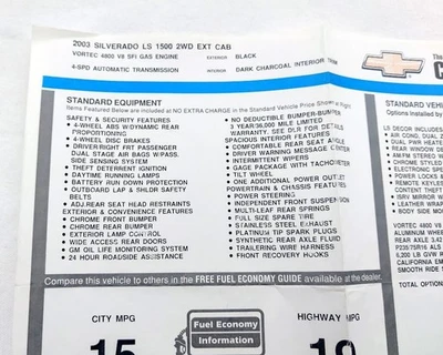 Chevrolet Silverado 1500 2003 original genuino Monroney pegatina ventana 27.295 USD Foto 1 de 4