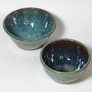 Studio Art Pottery Speckle Blue Green Turquoise Drip Glaze Ceramic Bowl Set of 2 - Picture 1 of 10