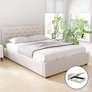 Bed Frame Double Size Gas Lift Beige VILA - Picture 1 of 8