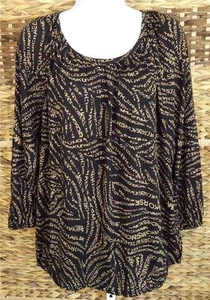 MICHAEL KORS BLACK HUSK SIGNATURE PRINT 3/4 SLEEVE PEASANT TOP BLOUSE L NWT $64 - Picture 1 of 6