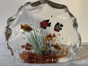 VTG Large Vibrant Murano Italy 6 Fish Aquarium Glass Sculpture Paperweight - Picture 1 of 12