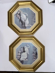 Set of Two Vintage Swan Pictures, Gold Octogon Frames, Bird Home Decor - Picture 1 of 7