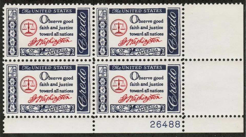 US USA Sc# 1139 MNH FVF PLATE # BLOCK George Washington American Credo - Image 1 of 1