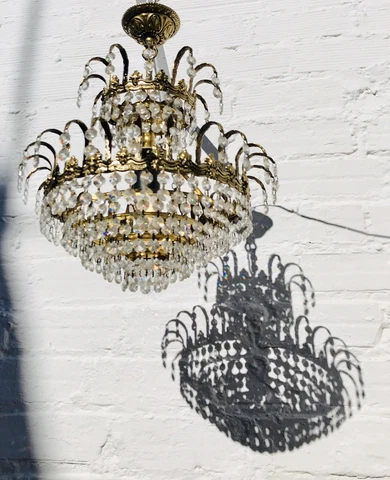 Petite Antique Crystal Tiered Chandelier, French, Hollywood Regency, Bronze Cover